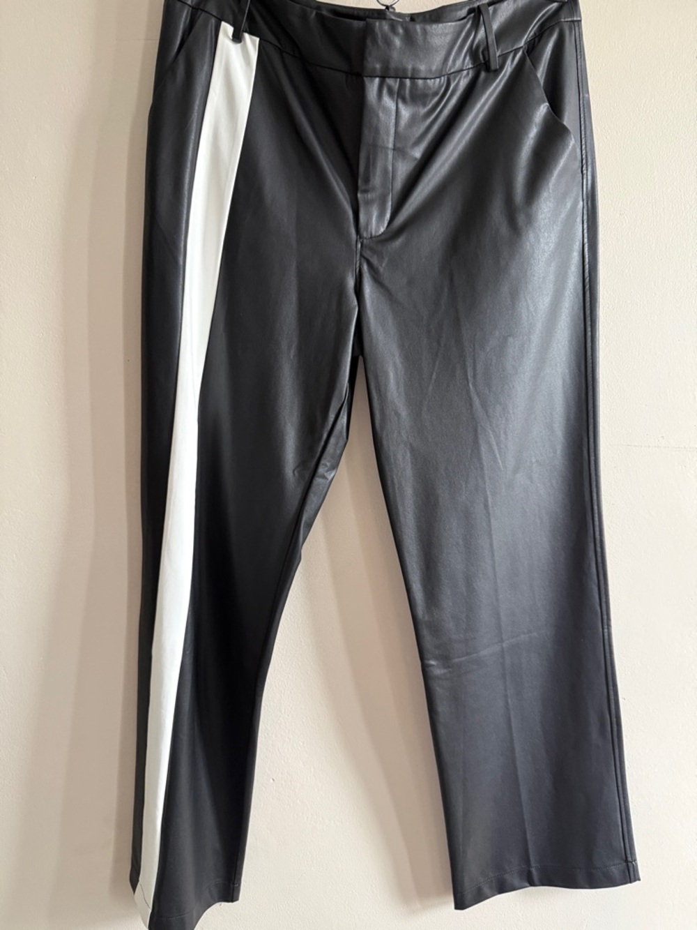 David Lerner Black Faux Leather Boot Cut Pants with White Side Stripe